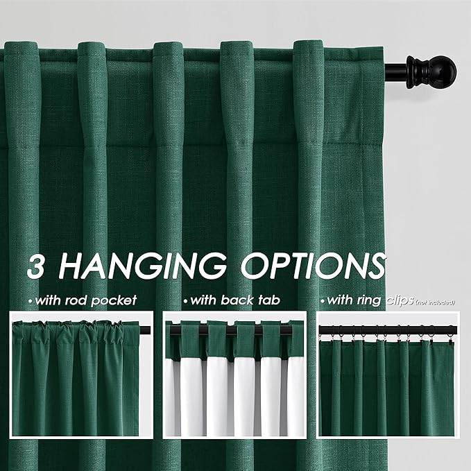 Nanspring Linen Texture Blackout Curtains 84 Inches Length 2 Panels Set Thermal Insulated Bedroom Drapes with Back Tab 100% Room Darkening Neutral Rustic Farmhouse Curtains in Dark Green 52X84