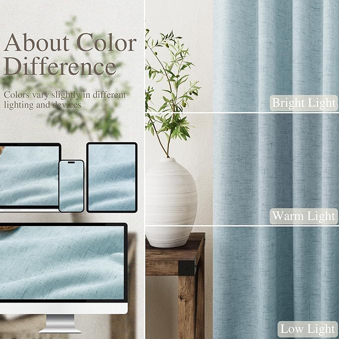 Light Blue Linen Blackout Curtains 120 Inch Length 2 Panels Set Burg Extra Long 10 Ft Back Tab Pocket Drapes Cotton Textured Total Sun Blocking Curtains for Living Room Cottage High Window 52x120