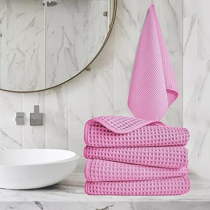 POLYTE Microfiber Lint Free Hand Towel, 16 x 30 in, 4 Pack (Pink, Waffle Weave)