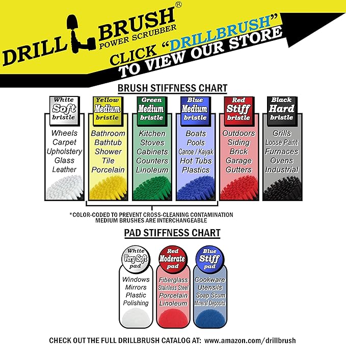 Drillbrush - Rotary Drill Brush Cordless Scrubber - Deck Scrub Brush Kit - Concrete, Marble, Brick, Stone, Ceramic Tile Cleaner Brushes - Bathroom Power Scrubbing Pads - Glass Shower Door Cleaner