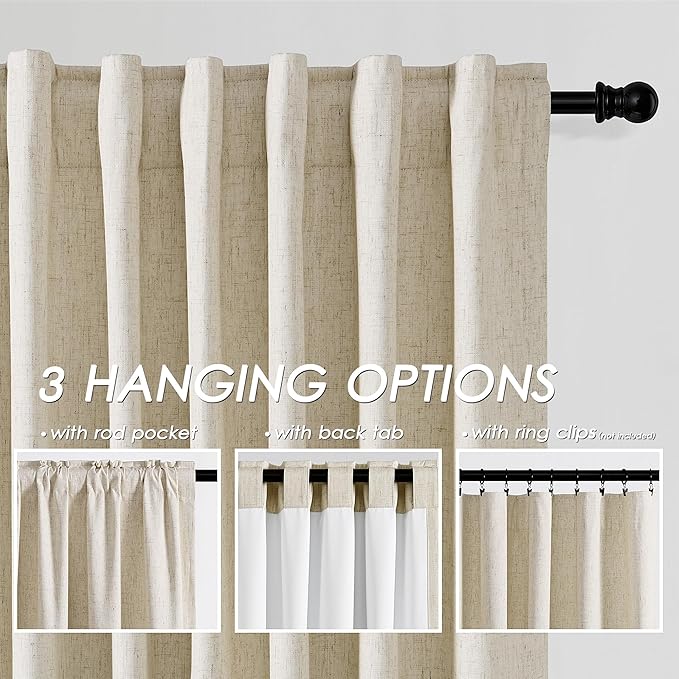 Beige Blackout Linen Curtains 92 inch Length 2 Panels for Living Room Oatmeal Pleated Black Out Drapes Farmhouse Rustic Room Darkening Total Blackout Window Curtain Panels Bedroom 92 inches Long