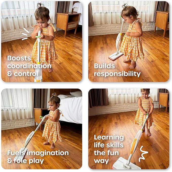 Quiggly Toddler Spray Mop – Two-Handed Design for Ages 3–5 with Real Water Sprayer – Montessori Functional Cleaning Toy Set