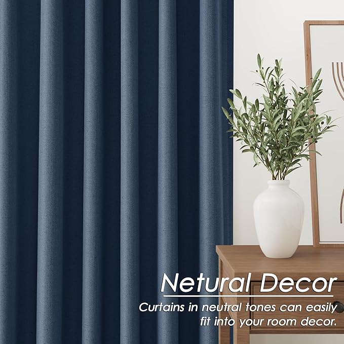 Nanspring Denim Blue Linen Blackout Curtains 84 Inches Long Loop Pocket Rod Pocket Flax Linen Sound Proof Total Blackout 2 Panels Set for Living Room Boho Farmhouse Curtains Drapes 52x84