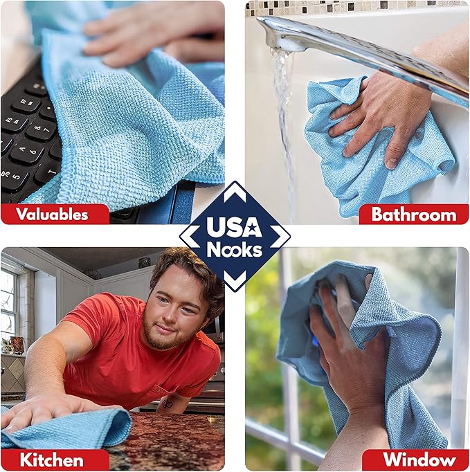 USANOOKS Microfiber Cleaning Cloth - Turq - 12Pcs (12.5x12.5 inch) High Performance - 1200 Washes, Ultra Absorbent Car Towel Traps Grime & Liquid for Streak-Free Mirror Shine - car Washing Cloth