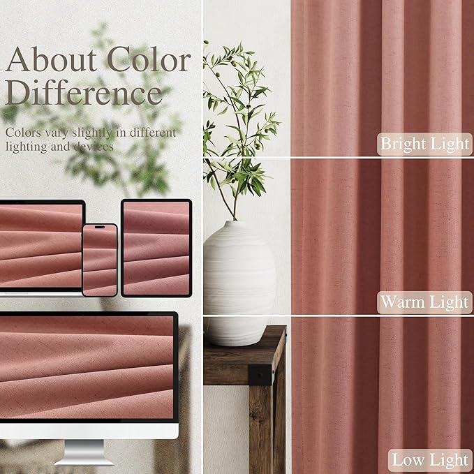 100% Blackout Linen Curtains 108 Inch Length 2 Panels Canyon Rose Drapes Loop Pocket Rod Pocket Flax Linen Drapes Thermal Insulated Total Blocking Curtains for Dining Room High Ceiling 52X108