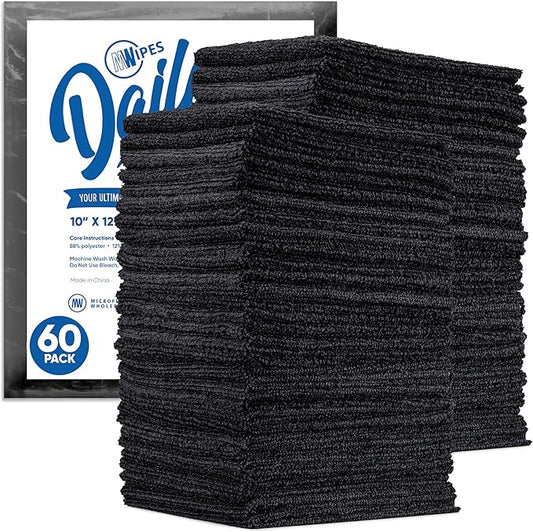 Dailies Microfiber Cleaning Cloths | 60-Pack (Black) 12"x10" | Fits TowelNest Dispenser | Reusable, Absorbent, Washable | Eco-Friendly Paper Towel Alternative