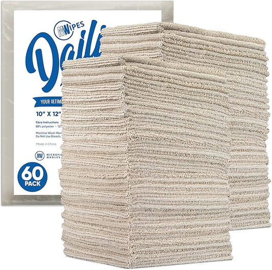 Microfiber Wholesale Dailies Microfiber Cleaning Cloths | 60-Pack (Beige) 12"x10" | Fits TowelNest Dispenser | Reusable, Absorbent, Washable | Eco-Friendly Paper Towel Alternative