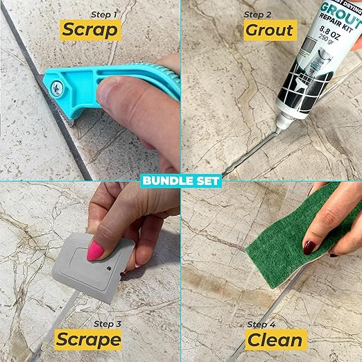 PentaUSA Tile Grout Repair Kit with Removal Tool, Premix Grout Bundle Set, Sponge and Cleaner (8.8 Oz - 250gr) (Grey)