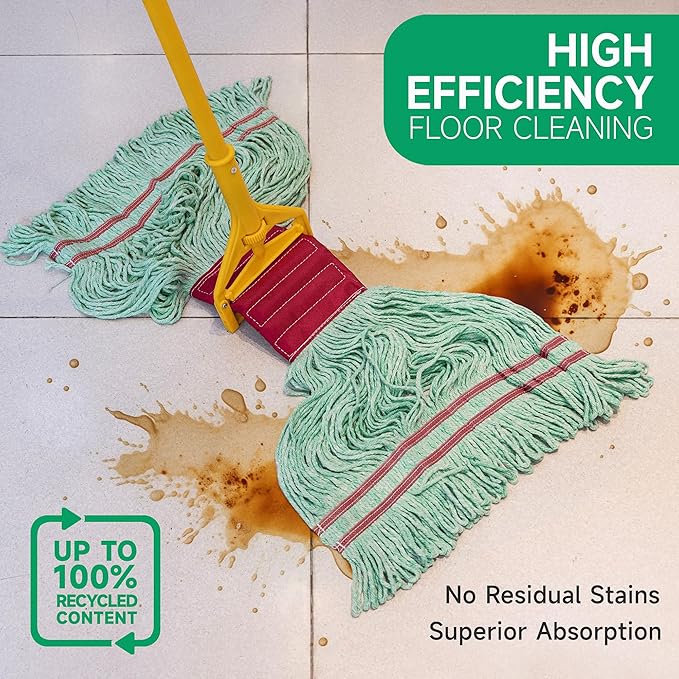 ONESIMUS 30 oz Pack of 12 Cleaning Heavy Duty Industrial Commercial Grade Looped-End Mop Head Replacement,6'' Headband Cotton String Wet Mop Head Refills,Machine Washable Green Mop
