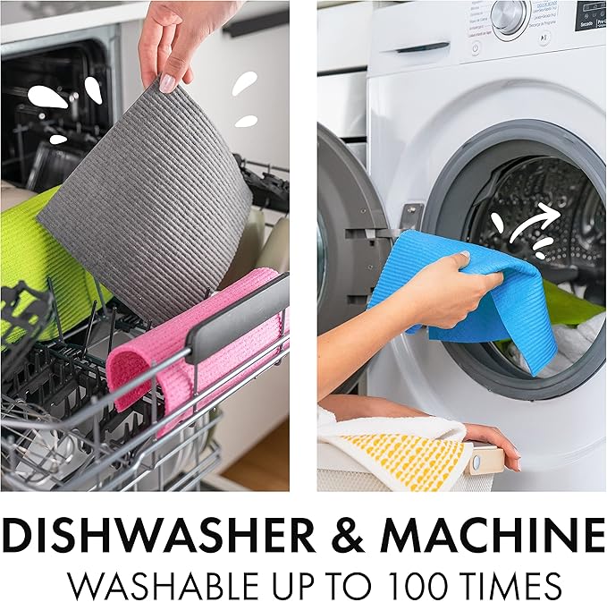 SUPERSCANDI 6 Pack Swedish Dishcloths for Kitchen - 100% Biodegradable & Compostable Reusable Paper Towels Washable, Food-Safe & Without Plastic - Dish Rags for Any Surface, Pink, Green, Blue