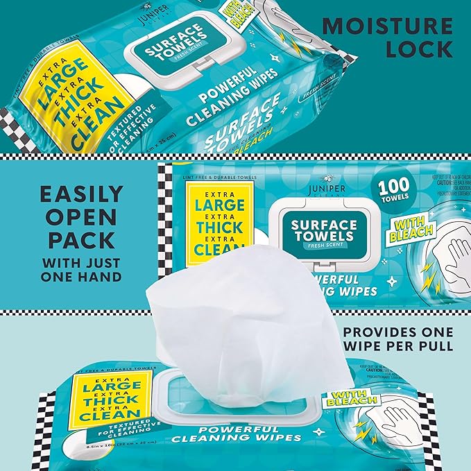 3 Packs Surface Wipes with Bleach, Thick & Large Dispose, All-Purpose Cleaner for Bathroom, Kitchen, Office, 300 Count Soft Flow, Biodegradable, Fresh Scent