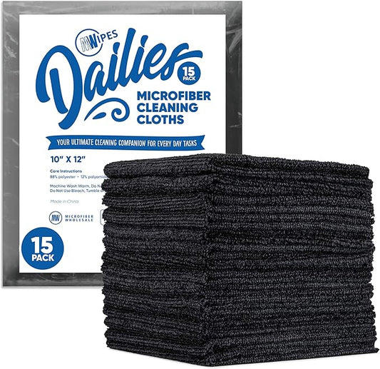 Dailies Microfiber Cleaning Cloths | 15-Pack (Black) 12"x10" | Fits TowelNest Dispenser | Reusable, Absorbent, Washable | Eco-Friendly Paper Towel Alternative