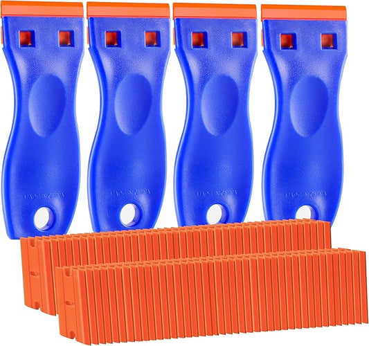 JVSEYTE 4 PCS Plastic Razor Blade Scraper and 120 PCS Plastic Razor Blades, Cleaning Scraper Tool for Remover, Adhesive, Stickers, Decals, Glass, Labels, Cars Windows