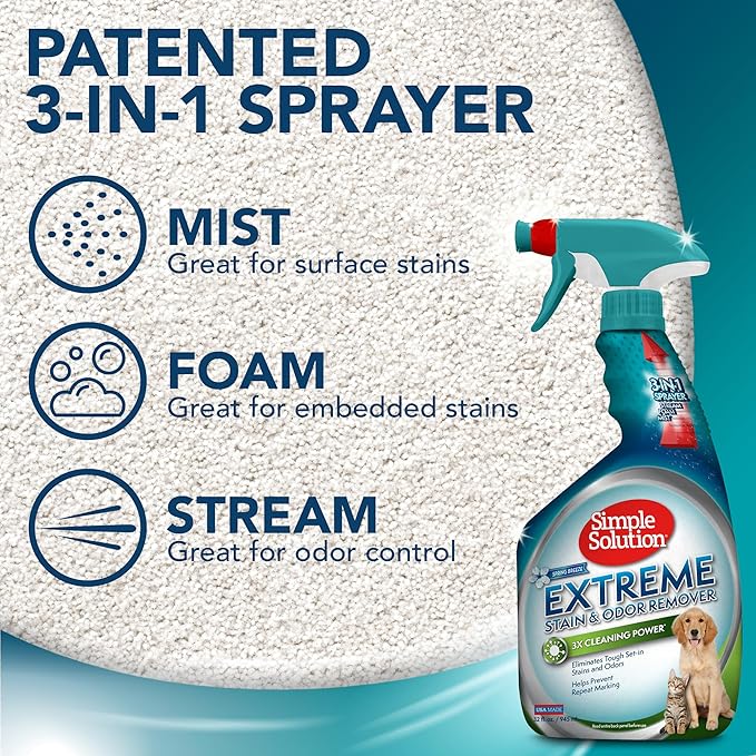 Simple Solution Stain & Odor Eliminator for Pets, Carpet Deodorizer, Enzyme Pet Odor Eliminator for Home, Stain Remover for Cat & Dog Pee, Urine Destroyer, Carpet Cleaner Spray, Spring Breeze, 32 oz