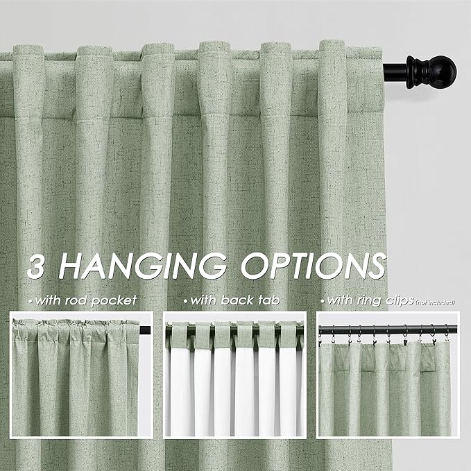 Light Sage Linen Blackout Curtains 108 Inches Long 2 Panel Set for Living Room Back Tab Pocket Drapes Cotton Textured Room Darkening Light Blocking Curtain for Bedroom Cottage High Window 52x108
