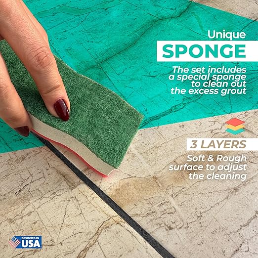 PentaUSA Grout - Tile Grout Repair Kit with Grout Removal Tool, Premix Grout Bundle Set with Remover Saw, Sponge and Cleaner (8.8 Oz - 250gr) (Black)