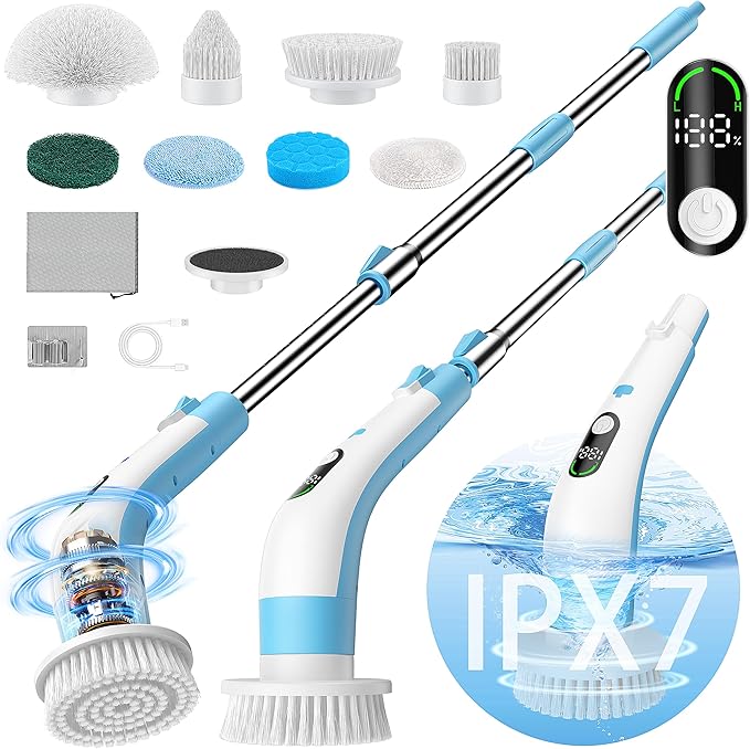 Electric Spin Scrubber with LED Display, IPX7 Waterproof Powerful Shower Scrubber, 2H Runtime, 2 Speeds, Adjustable Handle, 8 Brush Heads for Bathtub Tile Car-Blue and White