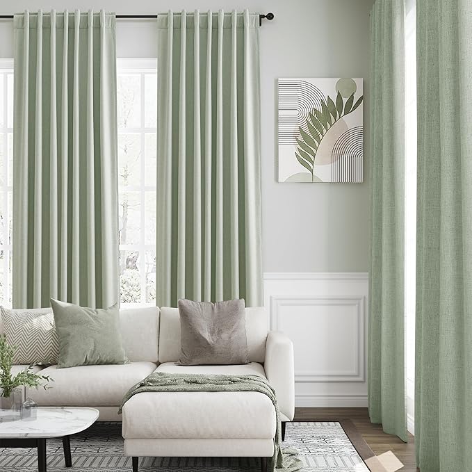 Full Black Out Mist Sage Window Curtains 108 Inches Long Loop Pocket Rod Pocket Sound Absorbing Light Blocking 2 Panels Set for Dining Room Neutral Rustic Modern Farmhouse Curtains Drapes 52x108