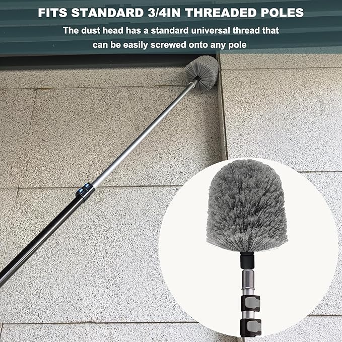 1 Pack Big Cobweb Duster Head Twist-On Spider Web Fuster for Outdoor & Indoor Web Cleaning // Fits Standard 3/4 inch Threaded Poles // Cobweb Duster Brush Head Only (Grey)