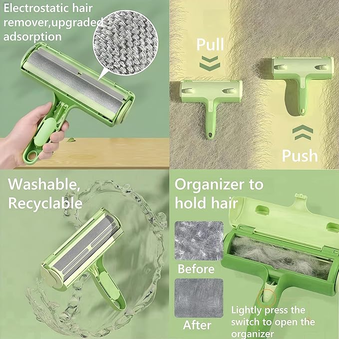 BoBow Roller Pet Hair Remover, Reusable Lint Roller Cat & Dog Hair Remover for Furniture, Couch, Carpet, Clothing and Bedding - Portable Multi-Surface Fur Removal Tool Green