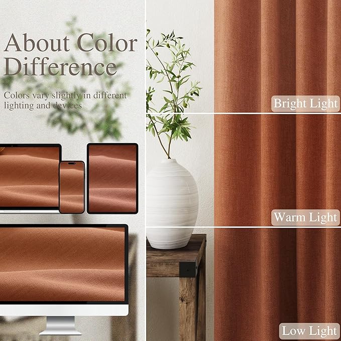 100% Blackout Linen Curtains 84 Inch Length 2 Panels Terracotta Light Blocking Darkening Living Room Curtains 84 Inches Long Elegant Modern Back Tab Pocket Noise Reducing Drapes for Nursery 52X84