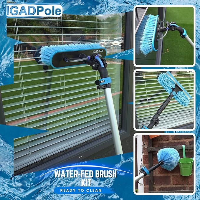 IGADPole 24 FT Water-Fed Washing Kit with Soap-Dispenser, Brush, 10″ Squeegee & Cobweb Duster for Windows, Gutters, Solar Panels & Exterior Walls