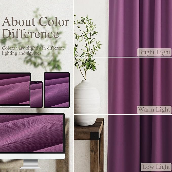 Purple Linen 100% Black Out Curtains 108 Inches Long 2 Panels Set for Bedroom Boho Farmhouse Back Tab Thermal Insulated Energy Efficient Room Darkening Curtains Living Room High Ceiling Length 9 FT