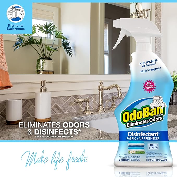 OdoBan Multipurpose Cleaner Disinfectant and Harsh Smell Eliminator Fabric/Air Freshener Pack: Ready-to-Use 360-Degree Continuous Spray, Trigger Spray, Solid Smell Absorber, Fresh Linen Scent