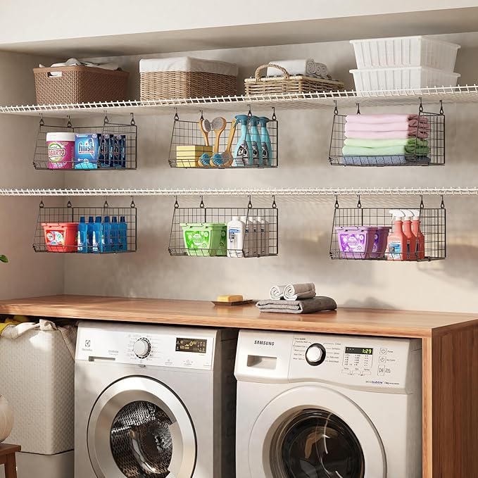 3-Pack Hanging Laundry Room Organizaton (No Shelve Included)：Foldable Laundry Wire Basket with 360°Rotating Hooks Small Space Organization Over Washer and Dryer Shelves, Closet Organizer, Black Patent
