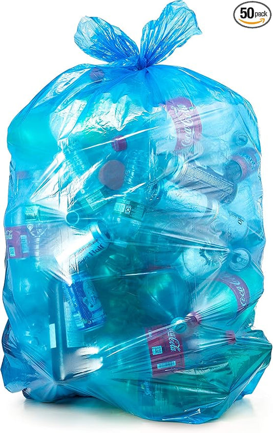 Recycling Trash Bags 55 Gallon, (50 count w/Ties) Large Blue Plastic Garbage Bags