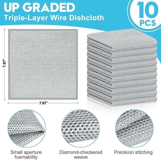 VMKBL 10 Pcs New Upgraded 3 Layers Non Scratch Wire Dishcloth, Multipurpose Wire Dishwashing Rags, Wet & Dry for Cookware, Sinks, Dishes, Stoves & Fireplaces (7.87 x 7.87-10pcs)