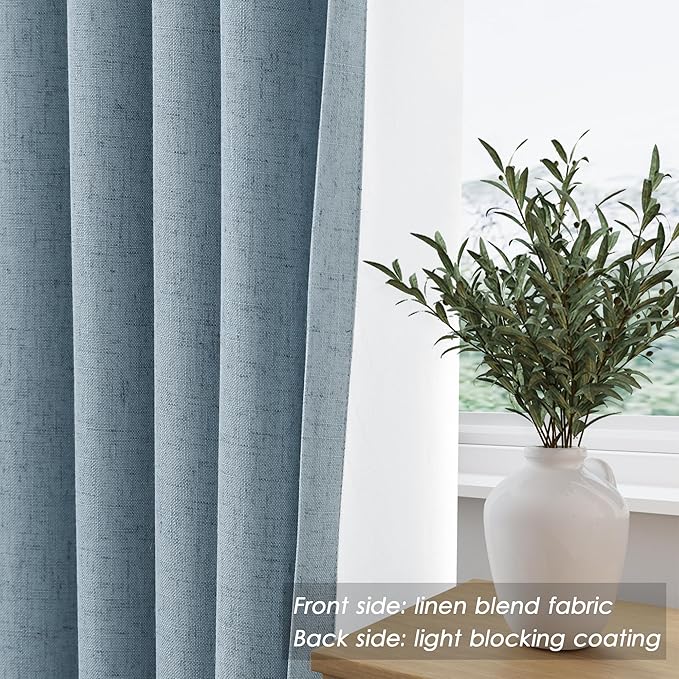 Nanspring Blue Linen 100% Blackout Curtains 92 inch Length Back Tab Rod Pocket Drapes Thermal Insulated Textured Living Room Black Out Curtains 2 Panels Set 52x92