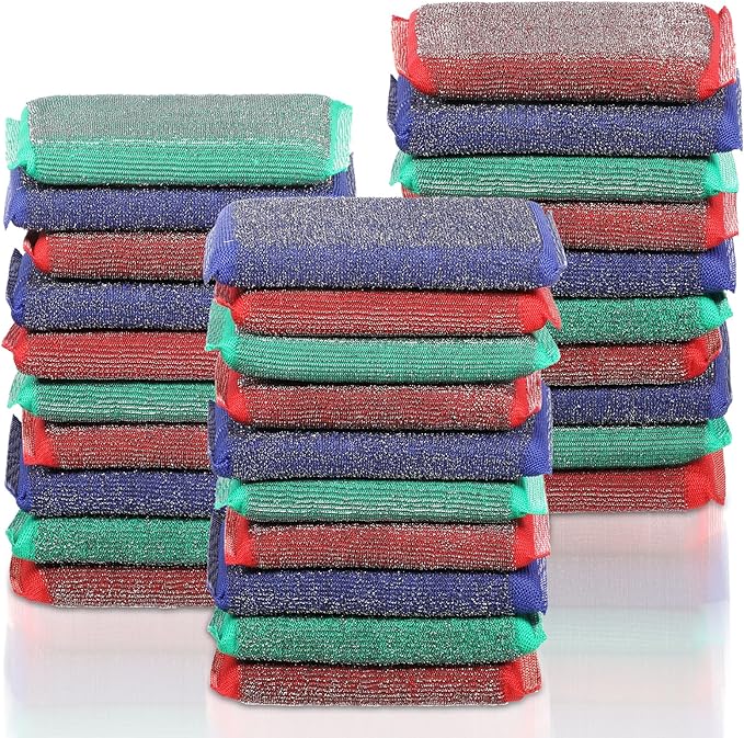 Qianyu 30 PCS Steel Scrub Sponges Steel Scrubber for Dishes Wash Dish Sponge Non-Scratch Cleaning Sponges Scrubbing Pads Heavy Duty Scrubber Hard Surface Cleaning Tool for Kitchen Dish Pan Pot Stains