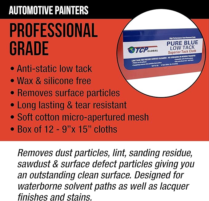 TCP Global Pure Blue Low Tack Superior Tack Cloth, 12-Pack, Automotive & Woodworking, Dust/Stain/Paint Rags, Tac Cloth for Autobody