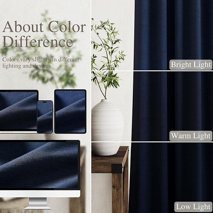 100% Blackout Linen Curtains 90 Inch Length 2 Panels for Living Room Loop Pocket Pleated Black Out Drapes Navy Blue Heat Reducing Total Blackout Window Curtain for Boy Man Bedroom 90 Inches Long