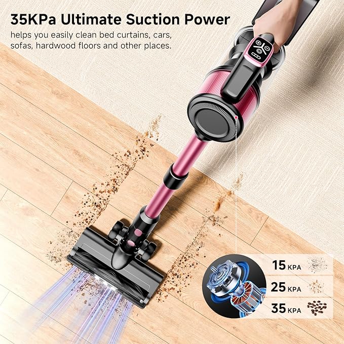 Vaconly Cordless Vacuum Cleaner, 38Kpa Powerful Stick Vacuum Cleaner with 45mins Rechargeable Battery, LED Anti-Tangle Brush, 8-in-1 Handheld Vacuum Cleaners for Home/Pet Hair/Carpets/Floors, N506