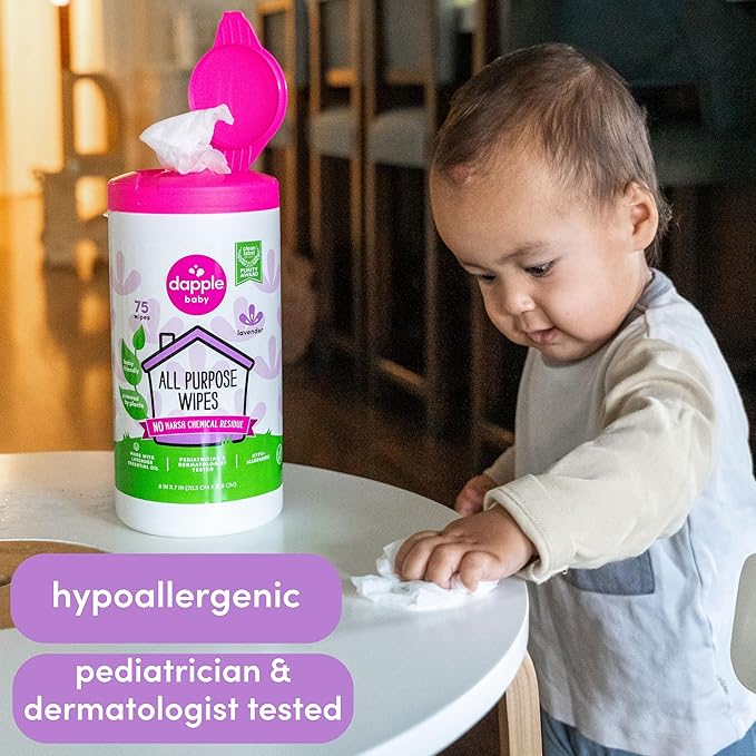 Dapple Baby All Purpose Wipes, Plant Powered, Hint of Lavender, Hypoallergenic, 75 Count Canister + 30 Count