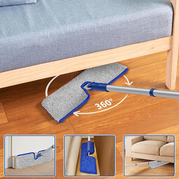 Enspoway 2-Sided Microfiber Dust Mop: Dry Flat Wall Mop for Hardwood Floors with 3 Reusable Pads Reversible Head for Apartment Kitchen Tile Laminate Pet Hair Cleaning