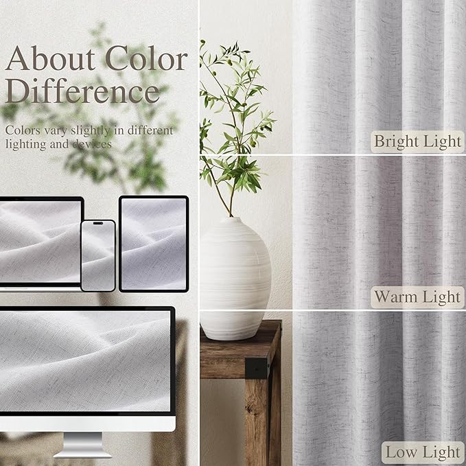 100% Blackout Linen Curtains 102 Inches Long 2 Panels Set for Bedroom Grey Back Tab Black Out Curtains Modern Urban Noise Cancelling Total Light Blocking Window Curtains 102 Length 52X102