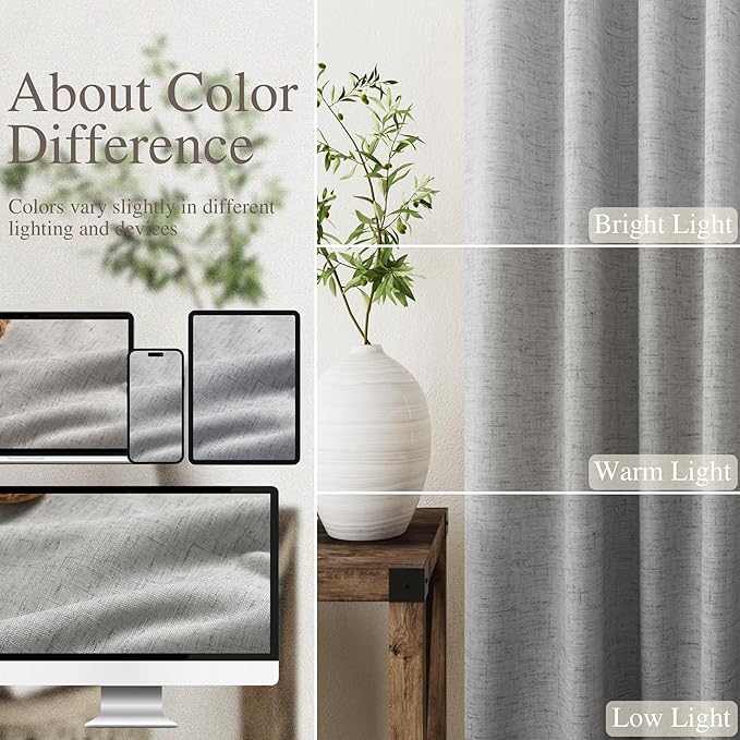 Charcoal Linen Curtains 90 inch Length 2 Panels Set for Bedroom Thermal Insulated 100% Blackout Linen Drapes Back Tab Neutral Rustic Modern Farmhouse Room Darkening Curtain 52x90
