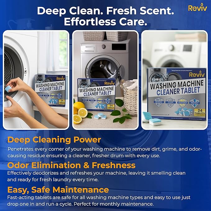REVIV Washing Machine Cleaner Tablets – 24 Count, 12-Month Supply – Deep Cleaning & Odor-Removing Tablets for Front Load, Top Load & HE Washers – Biodegradable, Septic-Safe, Non-Toxic Descaler