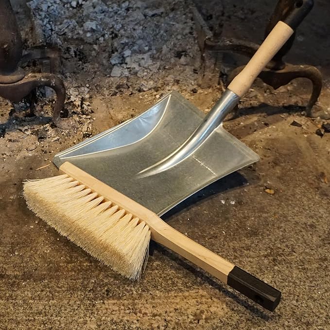 Fireplace Shovel and Hearth Brush Set - Ash Shovel Metal Dustpan and Chimney Sweep Brush Fireplace Tools with Wood Handles and Natural Fiber Bristles - Fireplace Tool Set by Kings County Tools