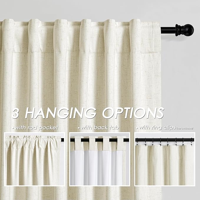 Warm Beige Linen Blackout Curtains 90 Inches Long Loop Pocket Rod Pocket Flax Linen Sound Absorbing Thermal Insulated Blackout 2 Panels Set for Dining Room Modern Urban Curtains Drapes 52x90