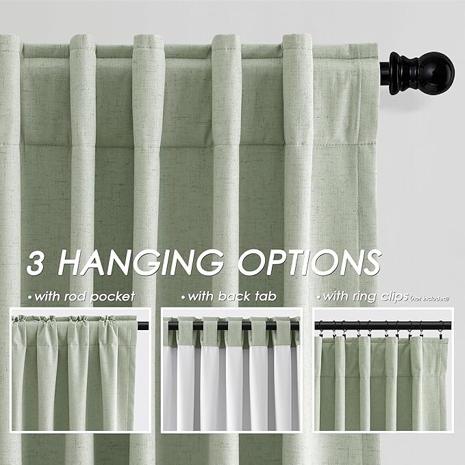 Full Black Out Mist Sage Window Curtains 108 Inches Long Loop Pocket Rod Pocket Sound Absorbing Light Blocking 2 Panels Set for Dining Room Neutral Rustic Modern Farmhouse Curtains Drapes 52x108