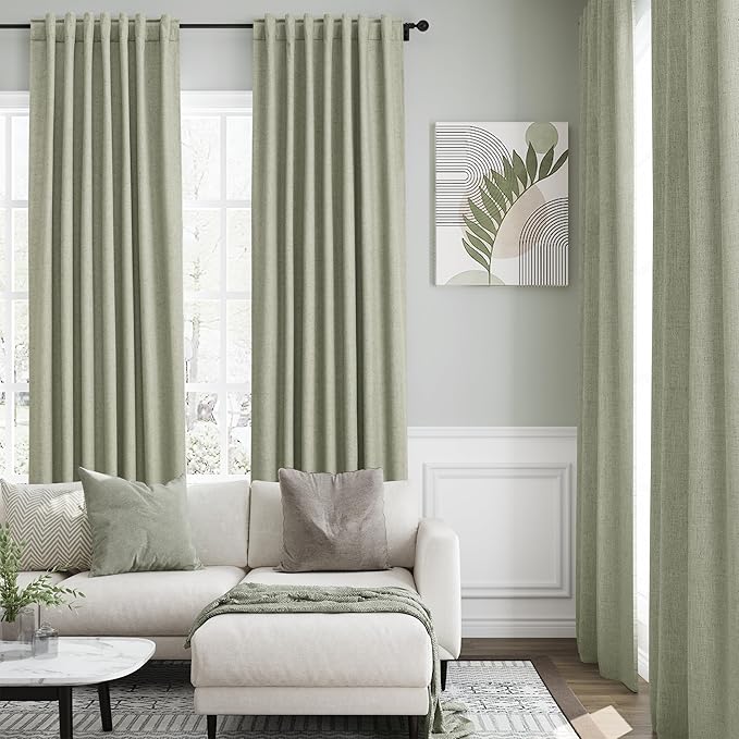Sage Green Blackout Curtains 96 Inches Long for Bedroom Linen Blend Back Tab Darkening Drapes for Living Room Elegant Modern Style Black Out Curtains 2 Panels Sound Proof Curtain for Window 52X96