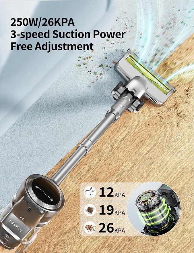 kalado Cordless Vacuum Cleaner 250w, 26000pa Stick Vacuum Cleaner, LED Display Screen, Detachable Battery, Suitable for Hard Floors, Carpets, Pet Hair