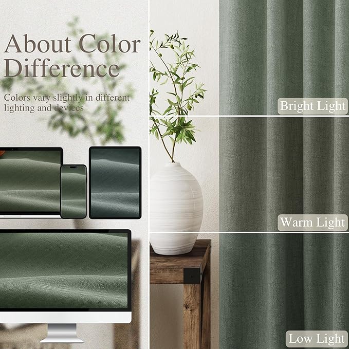 Olive Green Linen Blackout Curtains 84 Inches Long Back Tab Burlap Flax Bedroom Blackout Curtains 2 Panel Sets Rustic Farmhouse Full Light Blocking Thermal Insulated Curtain 84 Inch Length 52x84