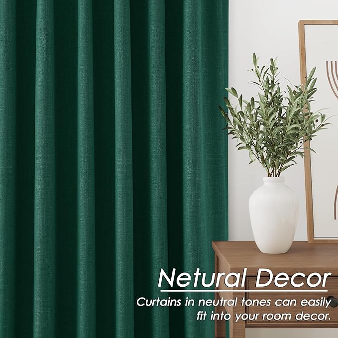 Nanspring Linen Texture Blackout Curtains 84 Inches Length 2 Panels Set Thermal Insulated Bedroom Drapes with Back Tab 100% Room Darkening Neutral Rustic Farmhouse Curtains in Dark Green 52X84