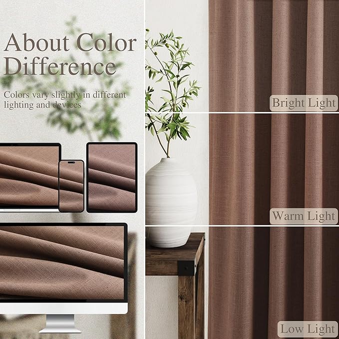Caramel Brown Linen Blackout Curtains 120 Inch Length 2 Panels Set Burg Extra Long 10 Ft Back Tab Pocket Drapes Cotton Textured Total Sun Blocking Curtains for Living Room Cottage High Window 52x120