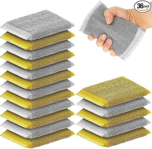 Thyle 36 Pack Steel Scrub Sponges for Dishes Non Scratch Scouring Multi Use Metal Scrubber Heavy Duty Dish Wash Kitchen Sponge for Pot Dish Washing Hard Surface Cleaning (Gray,Yellow)
